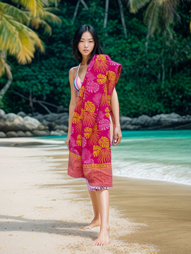 Serviette de plage  éponge & Batik Balyy Pink Leaves