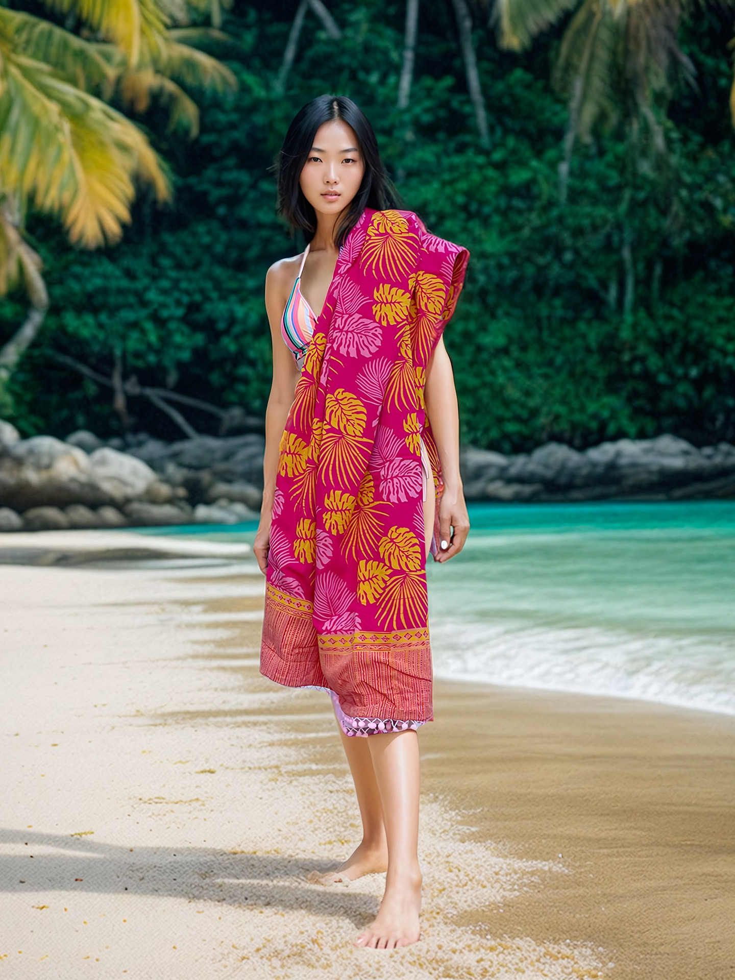 Serviette de plage  éponge & Batik Balyy Pink Leaves