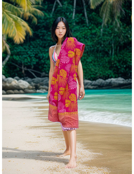 Serviette de plage  éponge & Batik Balyy Pink Leaves